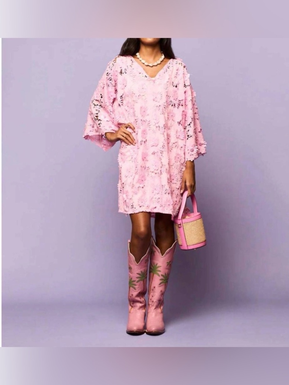 Pink Lace V-Neck Fluted Sleeves Glowers Overlay Lined Dress